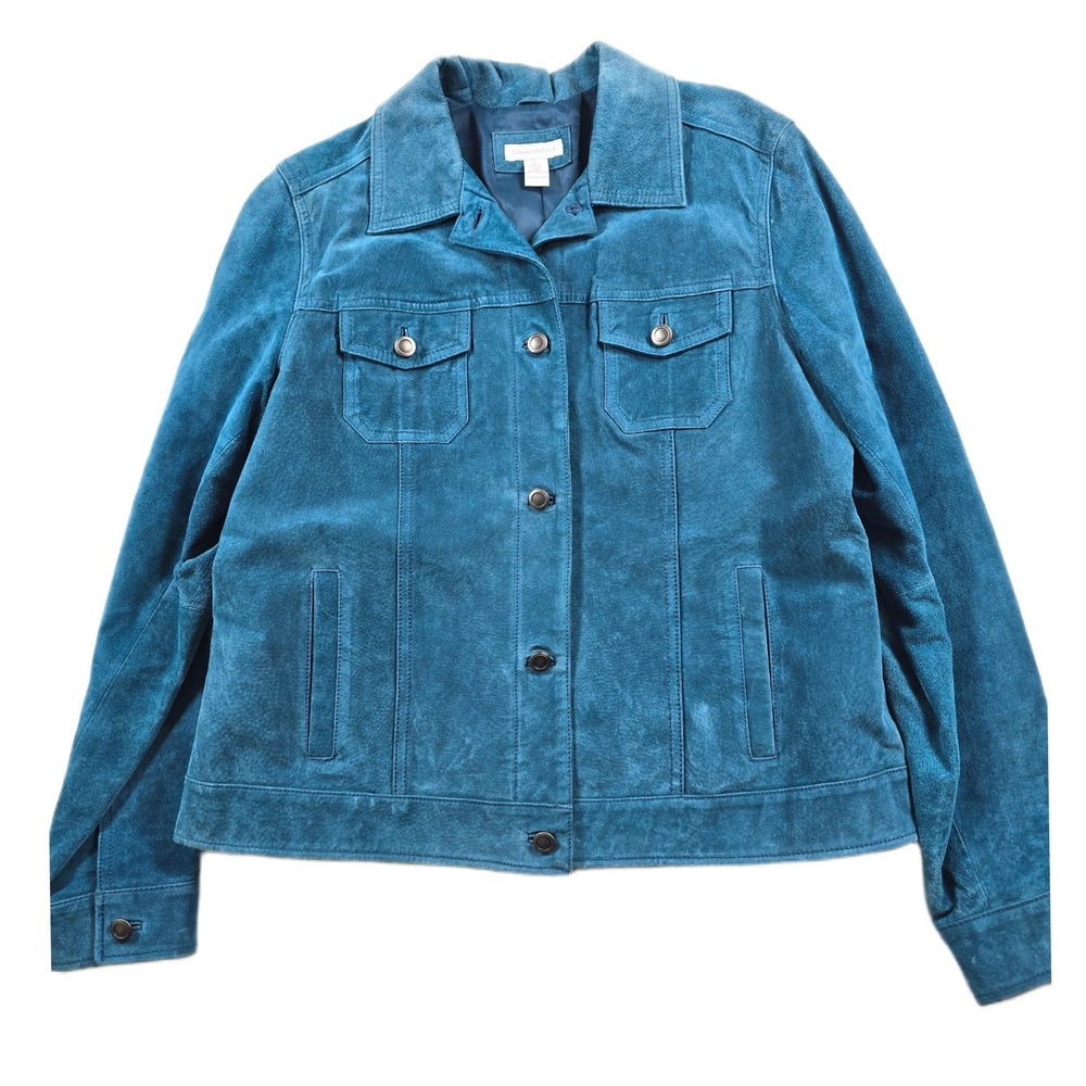 Charter Club Suede Leather Trucker Jacket Womens Large Teal Blue Button Front